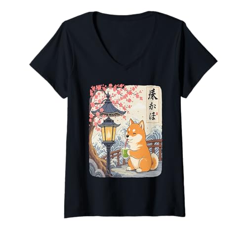 Damen Kawaii Shiba Inu Matcha Boba Japanischer niedlicher Anime Hundeliebhaber T-Shirt mit V-Ausschnitt Damen Kawaii Shiba Inu Matcha Boba Japanischer niedlicher Anime Hundeliebhaber T-Shirt mit V-Ausschnitt von Shiba Inu Drinking Matcha Boba Japanese Retro Tee