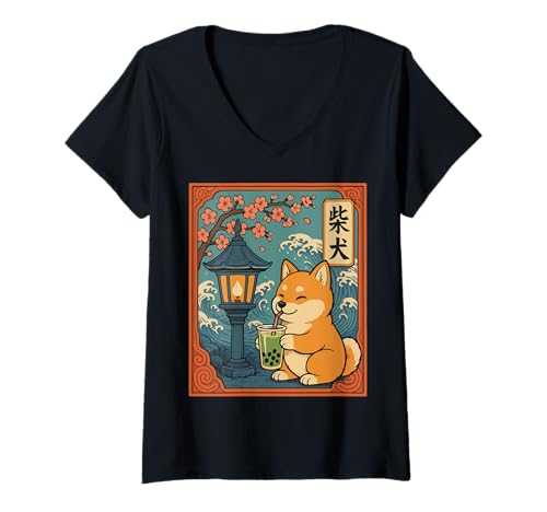 Damen Kawaii Shiba Inu Matcha Boba Japanischer süßer Anime Hundeliebhaber T-Shirt mit V-Ausschnitt Damen Kawaii Shiba Inu Matcha Boba Japanischer süßer Anime Hundeliebhaber T-Shirt mit V-Ausschnitt von Shiba Inu Drinking Matcha Boba Japanese Retro Tee
