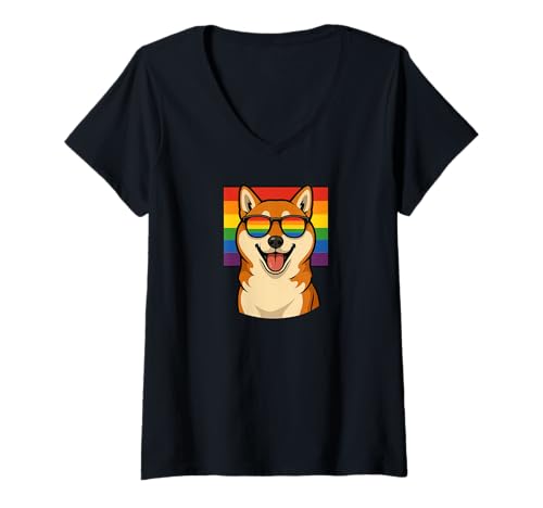 Damen Shiba Inu Hund, Gay Pride, Queer, LGBTQ+, T-Shirt mit V-Ausschnitt von Shiba Inu Gay Pride Parade