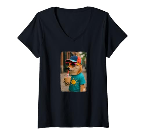 Damen Realistischer Shiba Inu Hund trinkt Bubble Tea T-Shirt mit V-Ausschnitt Damen Realistischer Shiba Inu Hund trinkt Bubble Tea T-Shirt mit V-Ausschnitt von Shiba Inu Hund Bubble Tea Shop