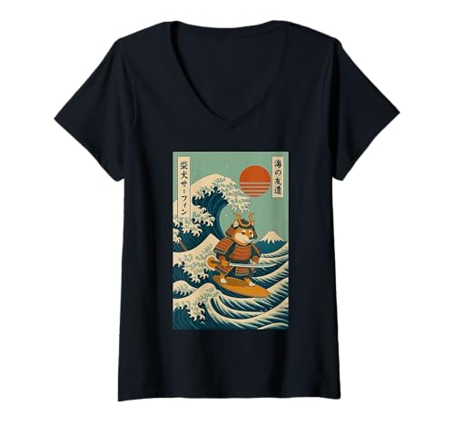 Damen Shiba Inu Samurai Surfen Japanische Welle T-Shirt mit V-Ausschnitt von Shiba Inu Surfer Große Welle Katana Anime Kawaii