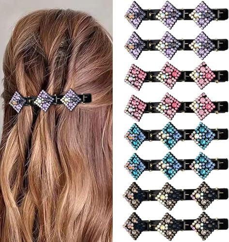 Geflochtene Haarspangen mit funkelnden Kristallsteinen, geflochtene Satin-Haargummis, gehackte Haarnadel, Entenschnabel-Clip, rutschfeste Clips, Haarband, geschichtete Pony-Haarnadel für Mädchen (8 von Shibeikadi