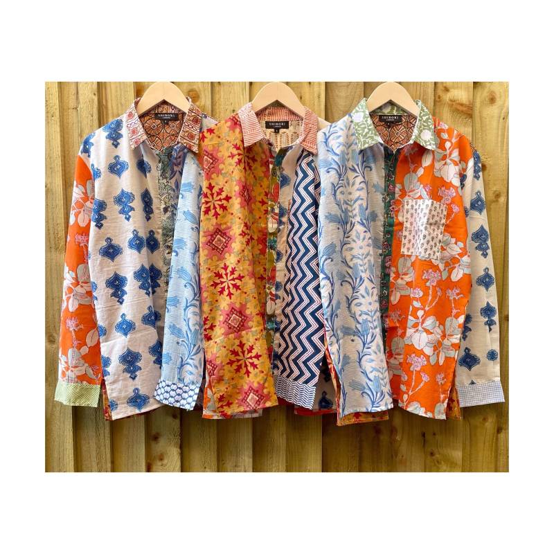 Shirt Block Print Baumwolle, Grösse S Holzschnitt Floral Gestreift Geburtstag Weihnachten von ShiboriLondon