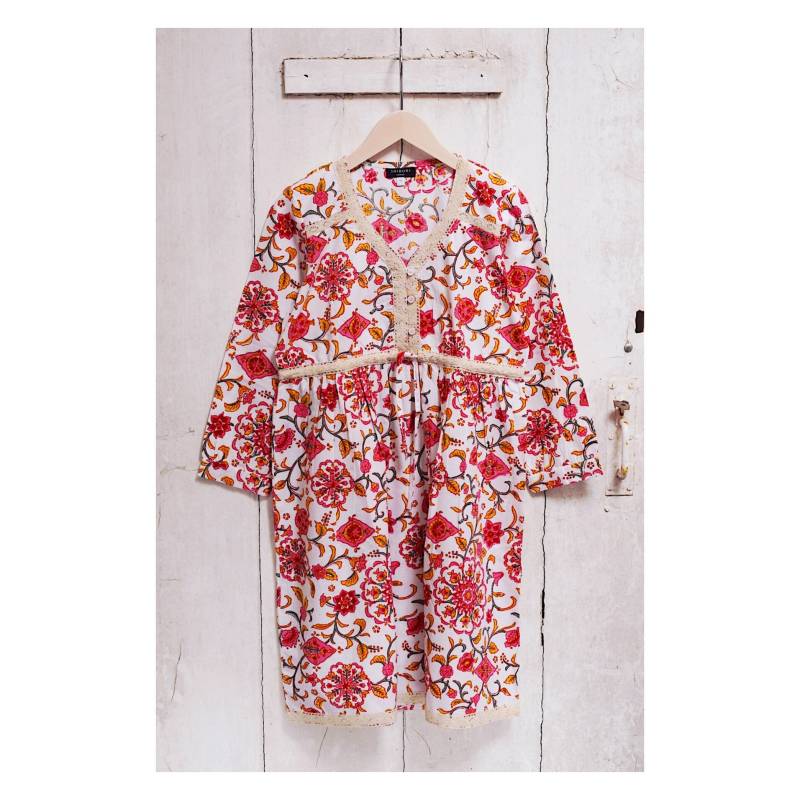 Rosa Gelb Mandala Blockprint Baumwolle Sommer Boho Womens Kaftan Kleid Blume Design Spitze Detail Vneck Urlaub Festival Mid Length Tunika von ShiboriLondon