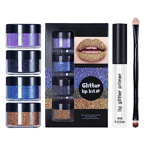 4 Farben Glitter Lip Kit Gloss | Kawaii Kisses Glitzer-Lippenset | Stay Golden Cosmetics Glitzer-Lippenset | Wasserfestes und langanhaltendes Lipgloss-Set für Frauen von Shichangda