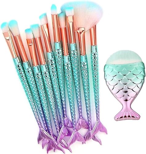 11-teiliges Make-up-Pinsel-Set, Meerjungfrau-Make-up-Pinsel-Set, Lidschatten, Eyeliner, Concealer, Foundation, Puder, Creme, Augenbrauen, Verblenden von Shidongbla