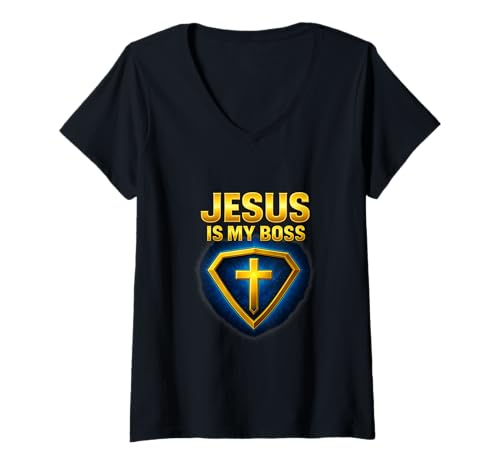 Damen Jesus is My Boss Christian Shield Superheld T-Shirt mit V-Ausschnitt Damen Jesus is My Boss Christian Shield Superheld T-Shirt mit V-Ausschnitt von Shield of Faithwear
