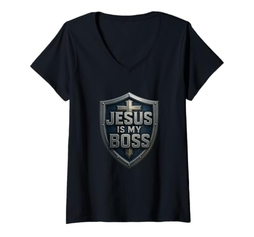 Damen Jesus is My Boss Christian Shield Superheld T-Shirt mit V-Ausschnitt Damen Jesus is My Boss Christian Shield Superheld T-Shirt mit V-Ausschnitt von Shield of Faithwear