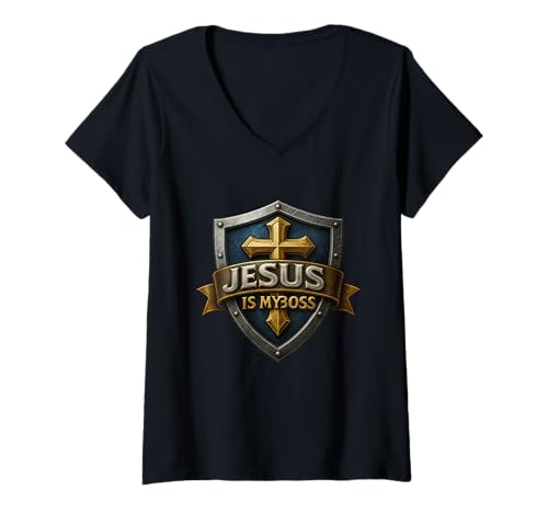 Damen Jesus is My Boss Christian Shield Superheld T-Shirt mit V-Ausschnitt Damen Jesus is My Boss Christian Shield Superheld T-Shirt mit V-Ausschnitt von Shield of Faithwear
