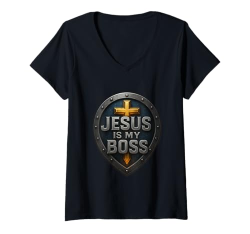 Damen Jesus is My Boss Christian Shield Superheld T-Shirt mit V-Ausschnitt Damen Jesus is My Boss Christian Shield Superheld T-Shirt mit V-Ausschnitt von Shield of Faithwear