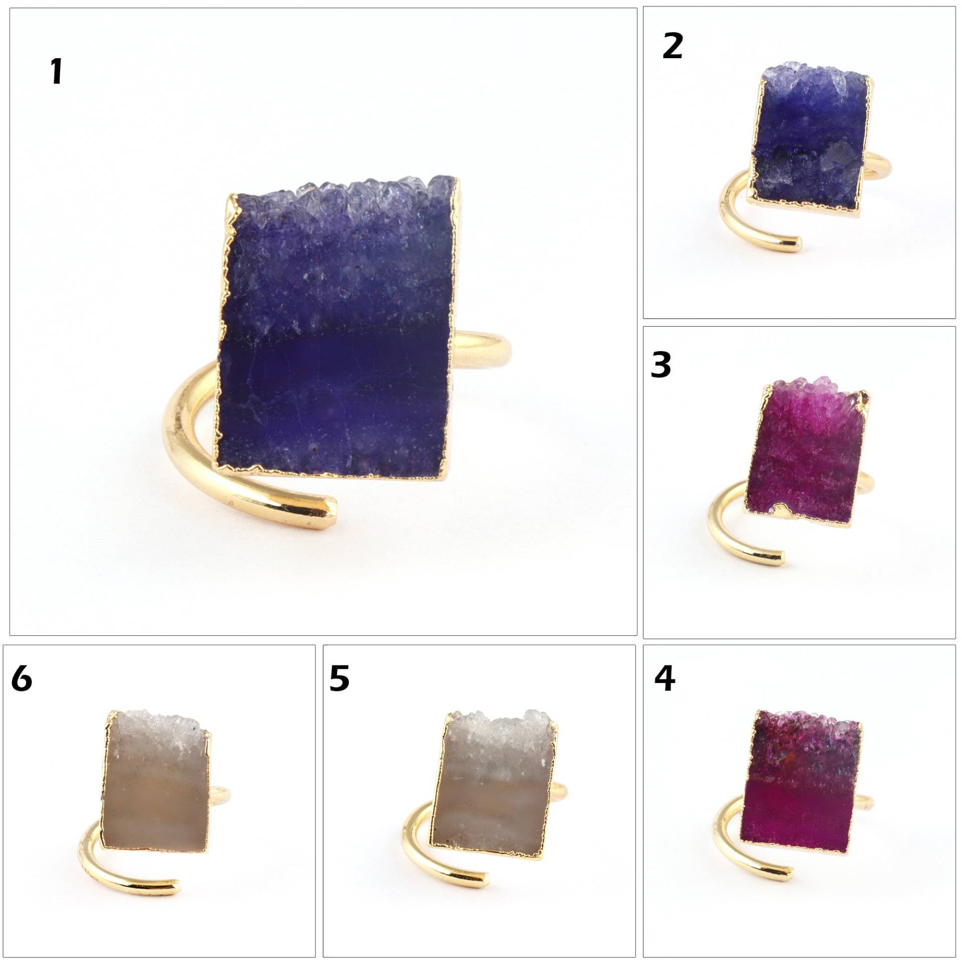 Amethyst Druzy Ring | Einzigartiger Natürlicher Achat Vergoldet Verstellbarer Ring, Scheibe Messing Blau Rosa Weiß Damen von ShifaJewels