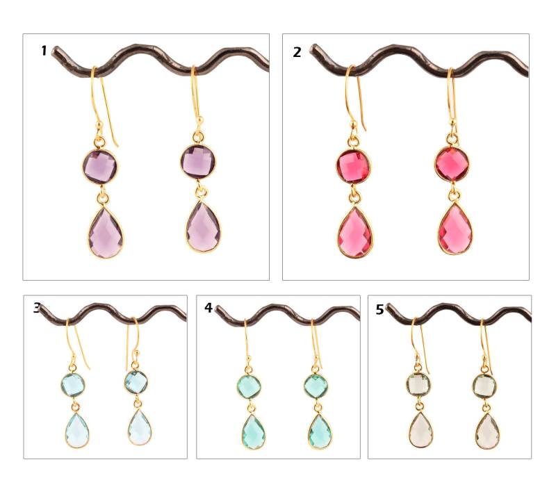 Facettierte Edelstein Runde Birnen Form Hydro Quarz Vergoldet Tropfen Ohrringe, Amethyst Lünette Set Ohrringe Doppelstein von ShifaJewels