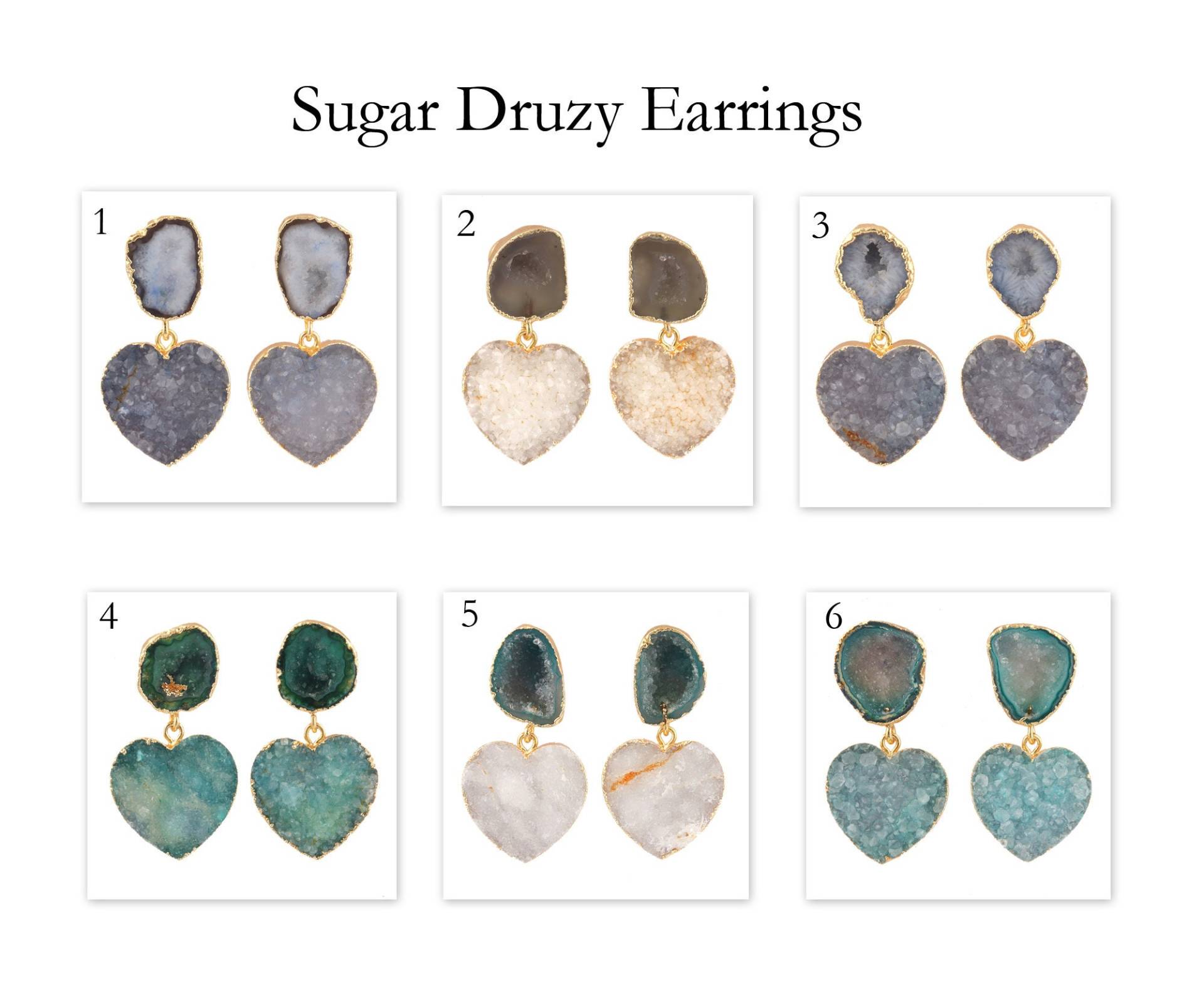 Geode Ohrring Druzy Schmuck | Natürliche Sugar Gold Galvano Ohrstecker, Geschenk Für Sie Herz Kristall von ShifaJewels