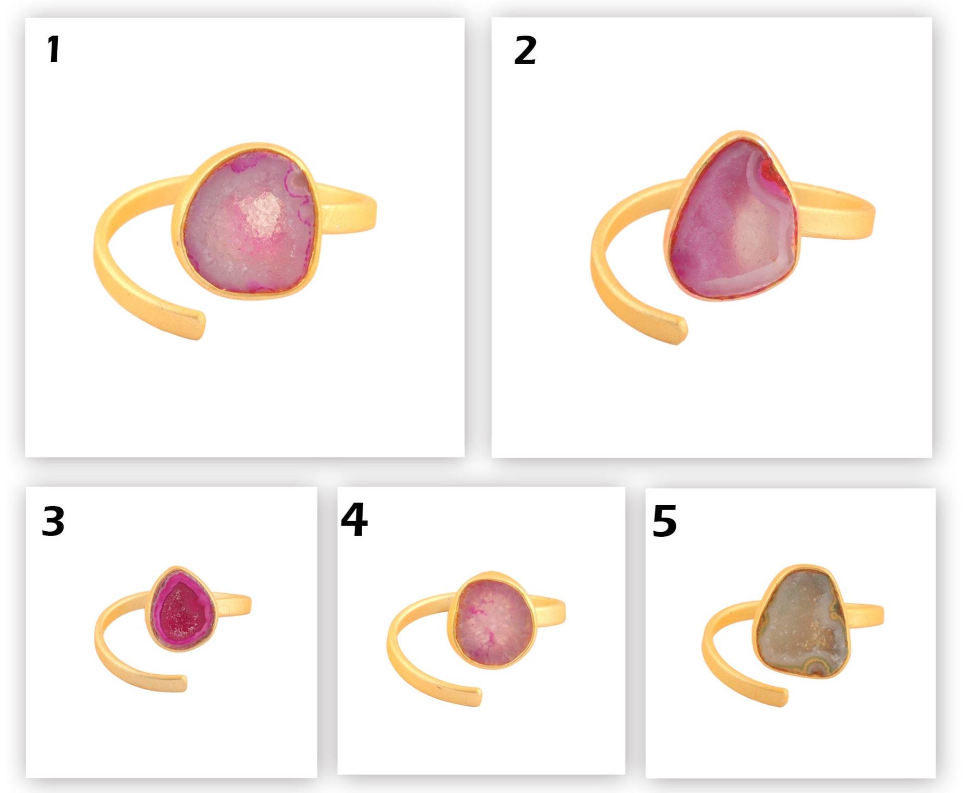 Geode Ring Matt Gold Tiny Druzy | Winziger Pinker Dull Vergoldeter Verstellbarer Ring, Statement Ringe Matte Finish von ShifaJewels