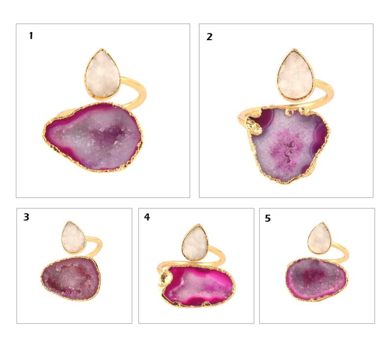 Geode Ring| Natürlicher Druzy Vergoldeter Verstellbarer Ring, Statement Ring Doppelstein Galvanisieren Achat Schmuck von ShifaJewels