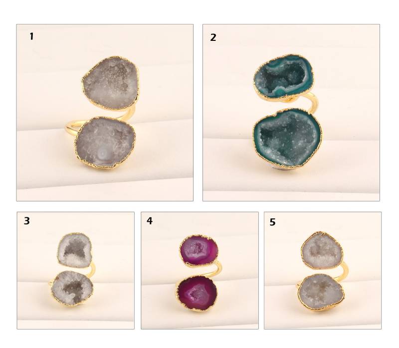 Geode Ring | Natürliche Druzy Vergoldet Einstellbar Ring, Weiße Doppel Stein Galvanisieren Statement Ringe Frau von ShifaJewels