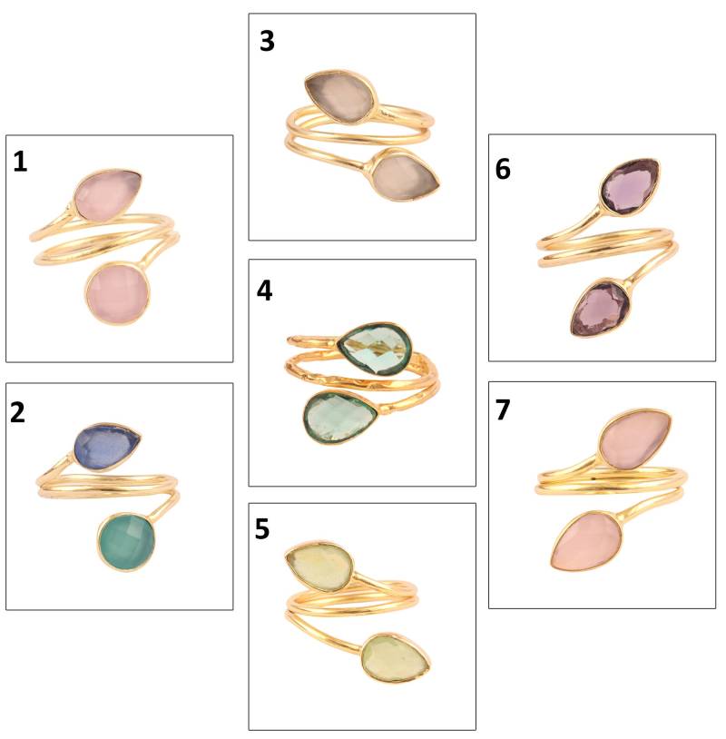 Kariert Schliff Birnen Form Chalcedon Vergoldet Doppelstein Ring, Amethyst Quarz Doppelschicht Handgemachte Frauen Unikat Verstellbar Ring von ShifaJewels