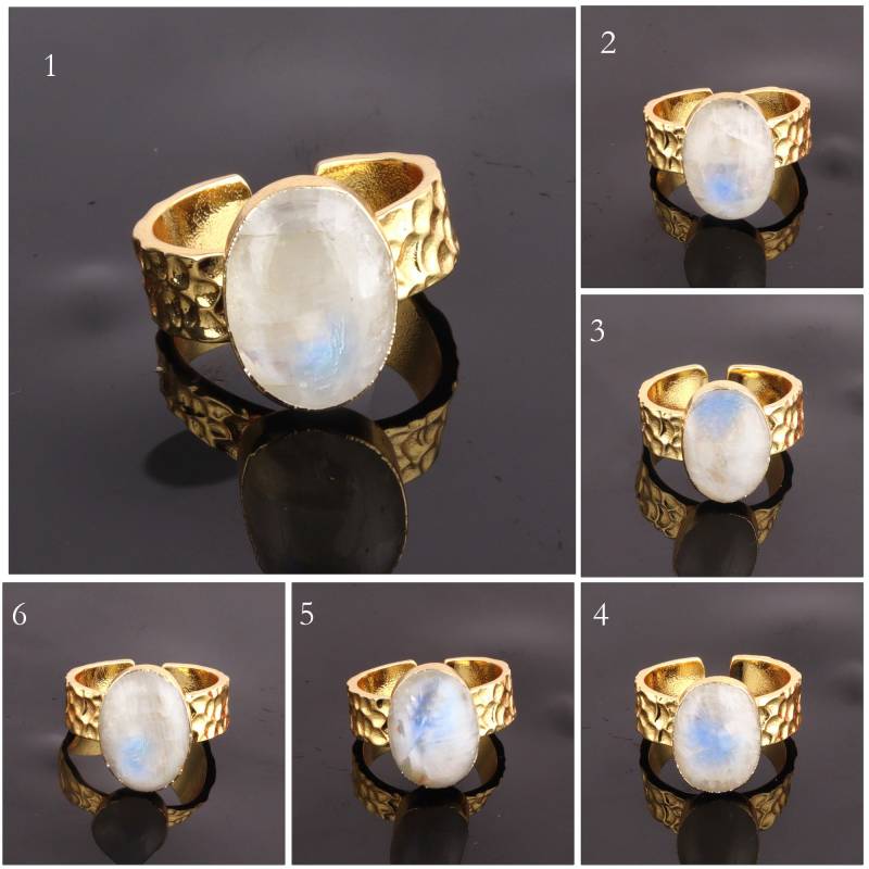 Mondstein Ring | Natürlicher Blauer Vergoldete Verstellbare Ringe, Ovaler Juni Geburtsstein Krokodil Textur Statement von ShifaJewels