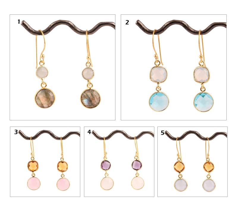 Runde Form Hydroquarz Ohrringe Vergoldet Tropfen Ohrringe, Chalcedon Lünette Set Doppel Stein Facettiert Edelstein von ShifaJewels