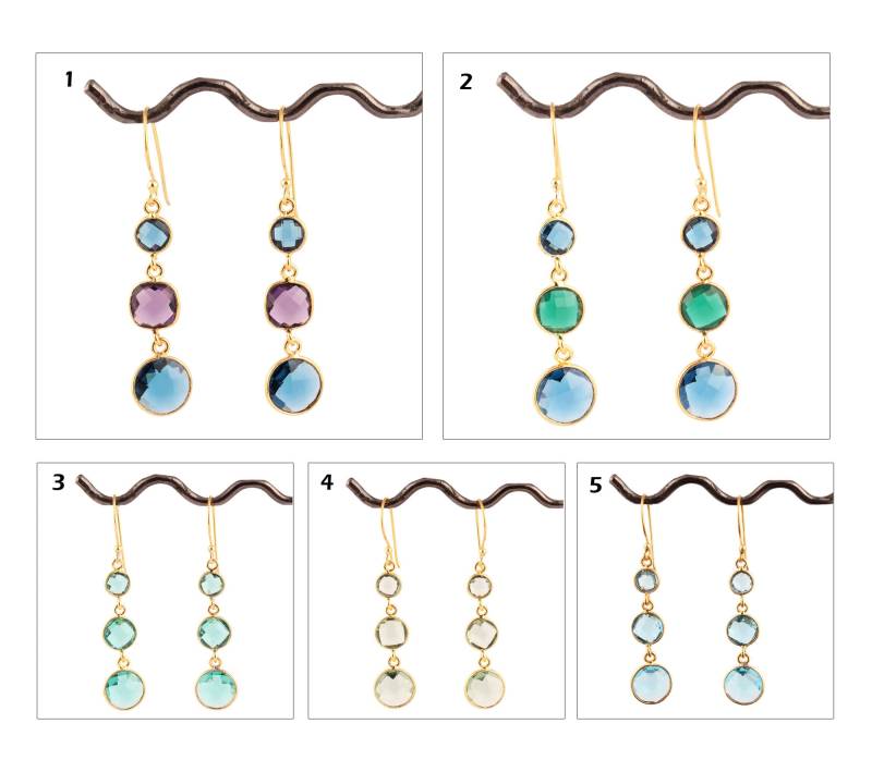 Runde Form Hydroquarz Vergoldete Tropfen Ohrringe, Aquamarin Quarz Drei Stein Ohrringe Facettierte Edelstein Lünette Set von ShifaJewels