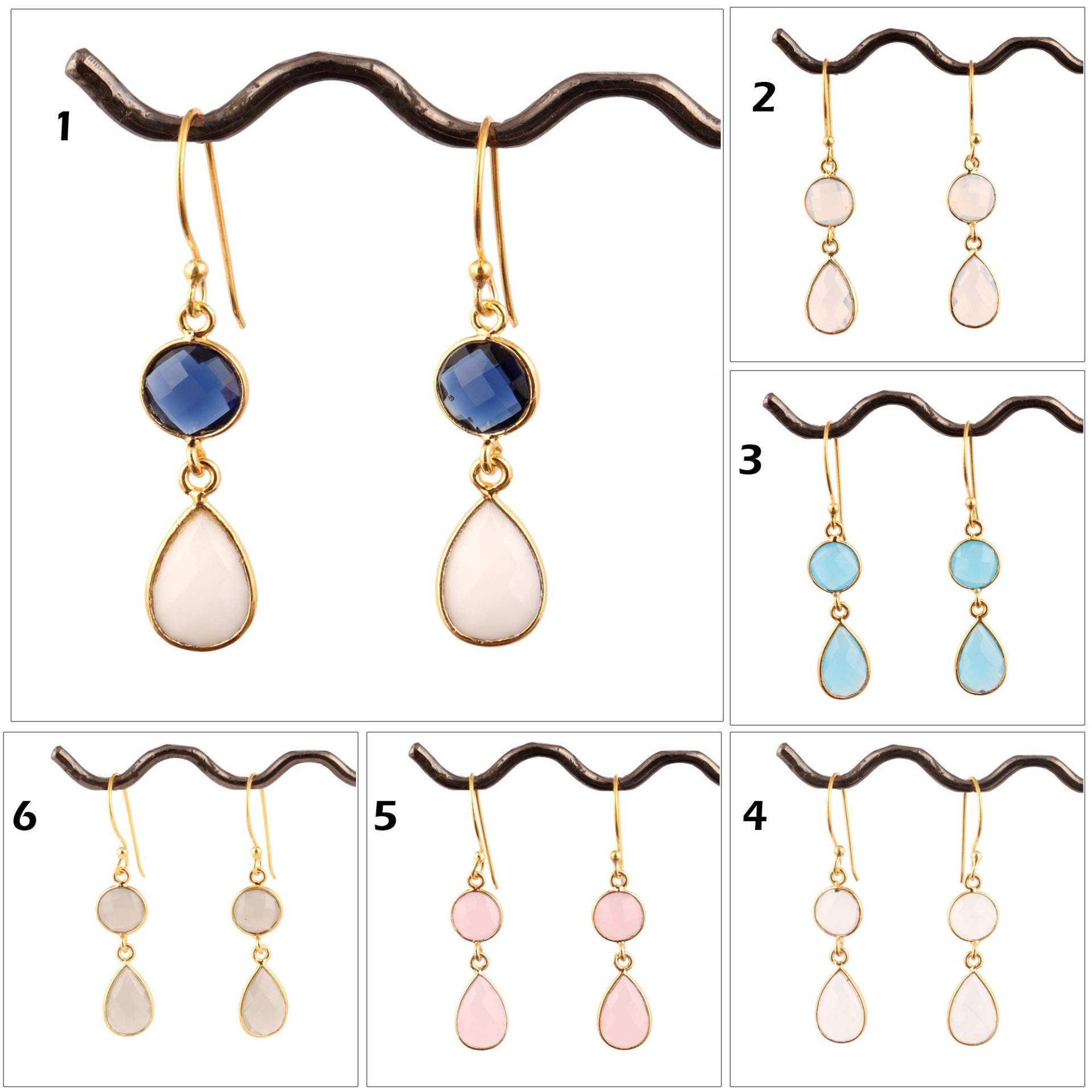 Runde Perlen Form Chalcedon Ohrringe Vergoldet Tropfen Ohrringe, Weiße Lünette Set Double Stone Facettiert Edelstein Runde Perlen Form Chalcedon Ohrringe Vergoldet Tropfen Ohrringe, Weiße Lünette Set Double Stone Facettiert Edelstein von ShifaJewels