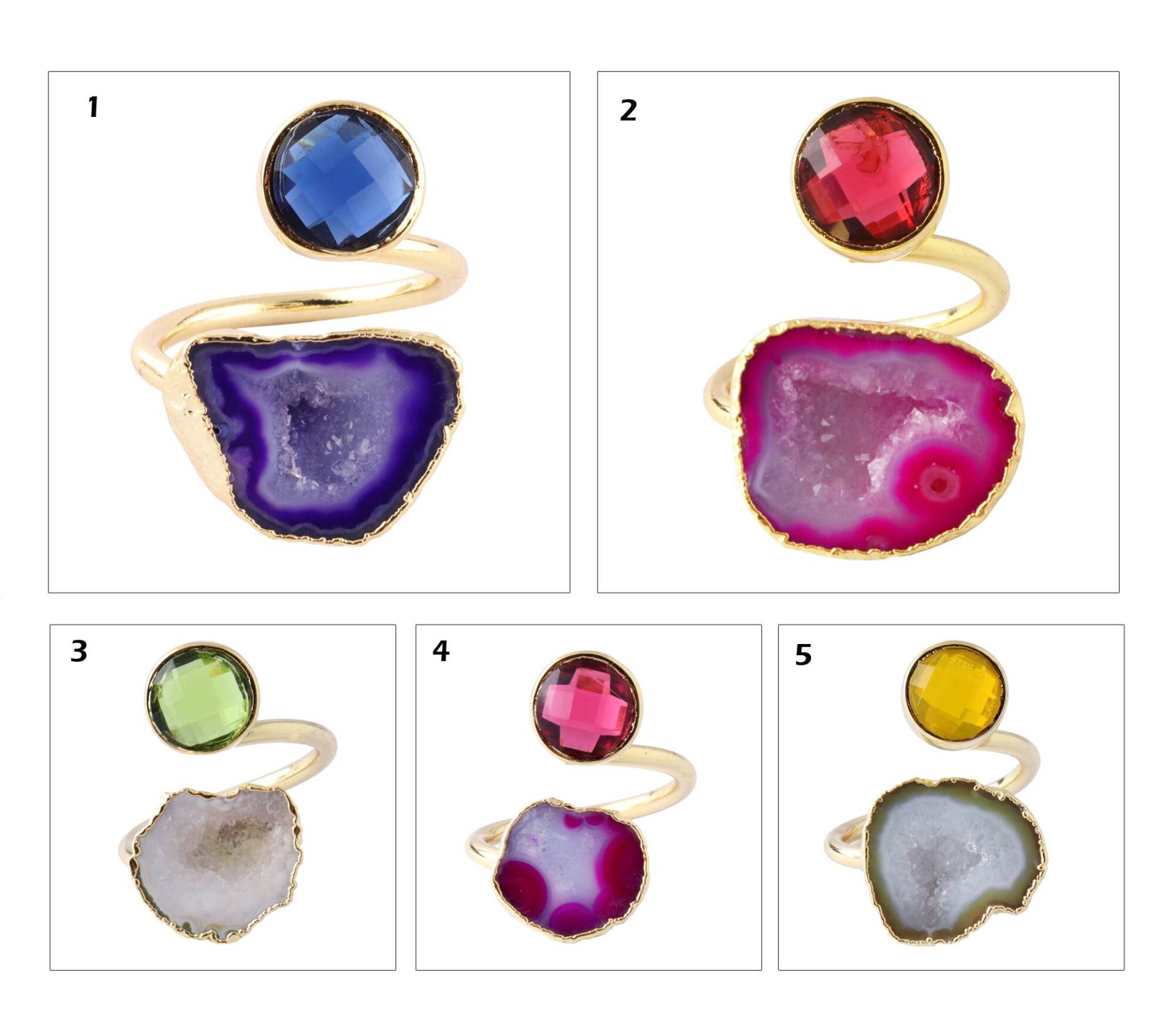 Rundquarz Mit Geode Druzy Vergoldet Verstellbare Ringe, Achat Ringe Für Frauen, Runde Form Rubin Iolith Quarz Doppelstein von ShifaJewels