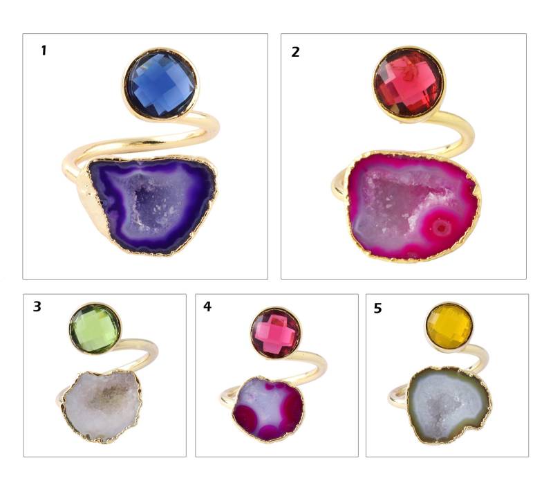 Rundquarz Mit Geode Druzy Vergoldet Verstellbare Ringe, Achat Ringe Für Frauen, Runde Form Rubin Iolith Quarz Doppelstein von ShifaJewels