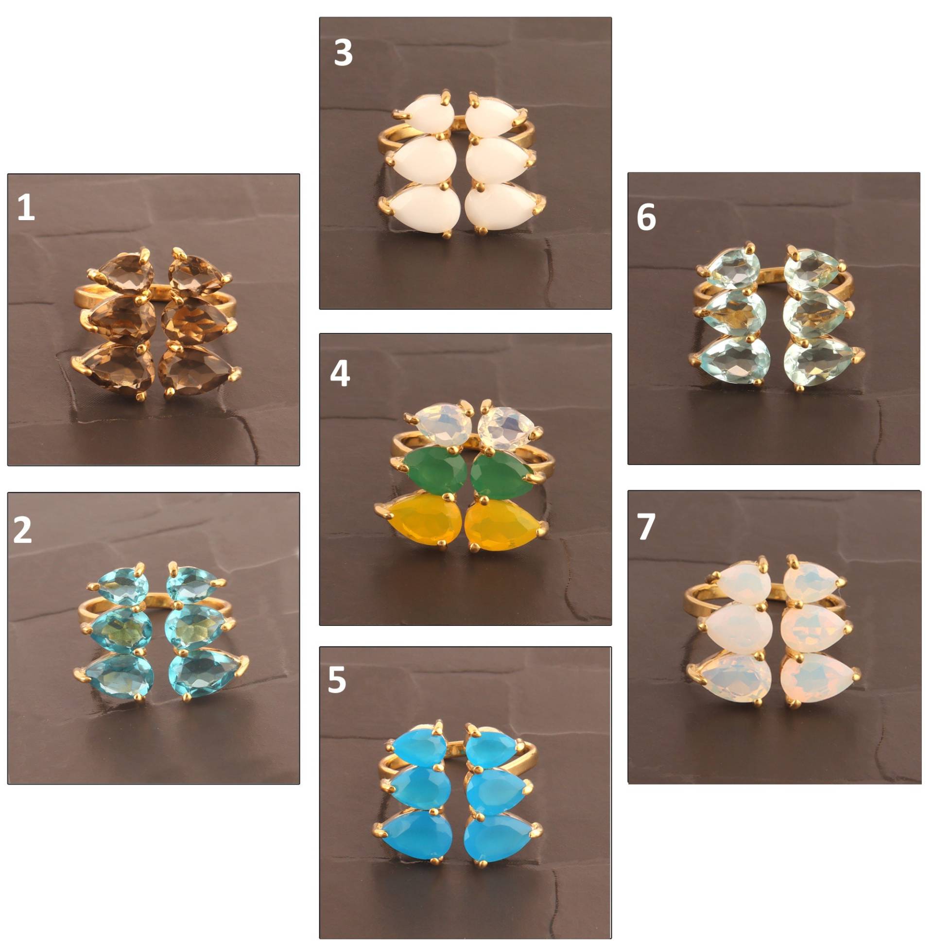 Sechs Stein Ring Multi Birnen Form Verstellbar Vergoldeter Quarz Hängering Rauchquarz Blautopas Oaplit Sechs Stein Ring Multi Birnen Form Verstellbar Vergoldeter Quarz Hängering Rauchquarz Blautopas Oaplit von ShifaJewels
