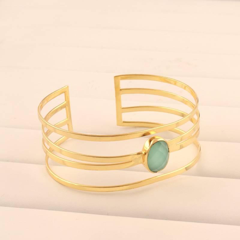 stapel Armreif Vierlagiger Offener Armreif | Natürlicher Aqua Chalcedon Vergoldet Verstellbarer Karo Schliff Oval Edelstein von ShifaJewels