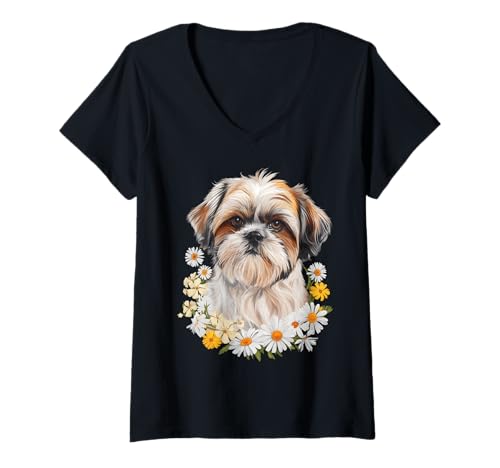 Damen Shih Tzu mit Blumen T-Shirt mit V-Ausschnitt Damen Shih Tzu mit Blumen T-Shirt mit V-Ausschnitt von Shih Tzu Design