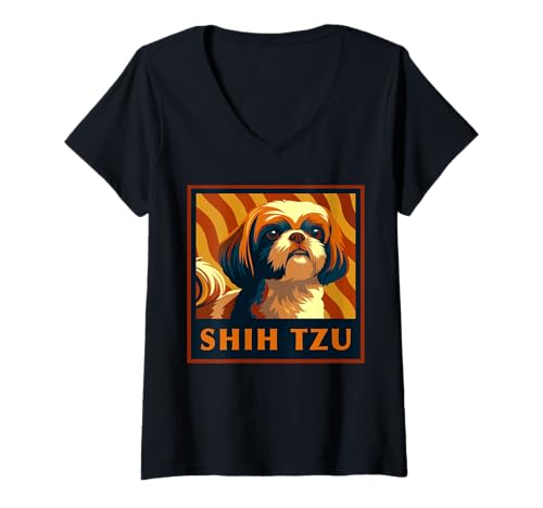 Damen Süßer Shih Tzu Hund Retro Portrait T-Shirt mit V-Ausschnitt von Shih Tzu Dog Lover Gifts