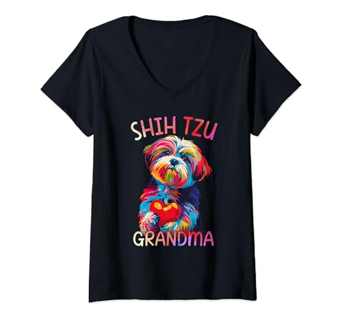 Damen Shih Tzu Dog Lovers Heart Pop Art Damen Shih Tzu Oma T-Shirt mit V-Ausschnitt von Shih Tzu Dog Lovers Designs