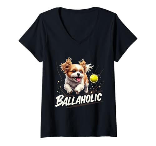 Damen Lustiger Ballaholic Shih Tzu Hund Jagdball T-Shirt mit V-Ausschnitt Damen Lustiger Ballaholic Shih Tzu Hund Jagdball T-Shirt mit V-Ausschnitt von Shih Tzu Fun Designs
