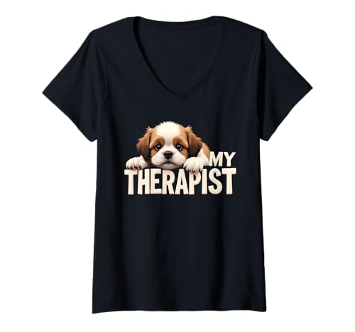 Damen Lustiger Welpe Mein Therapeut Shih Tzu Hund T-Shirt mit V-Ausschnitt Damen Lustiger Welpe Mein Therapeut Shih Tzu Hund T-Shirt mit V-Ausschnitt von Shih Tzu Fun Designs