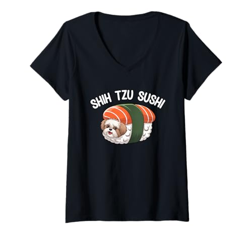 Damen Lustige Kawaii Shih Tzu Hund Sushi Rolle T-Shirt mit V-Ausschnitt Damen Lustige Kawaii Shih Tzu Hund Sushi Rolle T-Shirt mit V-Ausschnitt von Shih Tzu Gifts For Dog Lovers