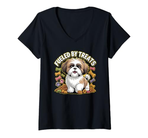 Damen Shih Tzu Hund Lustiger Kawaii Pet Lover Fueled by Treats T-Shirt mit V-Ausschnitt Damen Shih Tzu Hund Lustiger Kawaii Pet Lover Fueled by Treats T-Shirt mit V-Ausschnitt von Shih Tzu Gifts For Dog Lovers