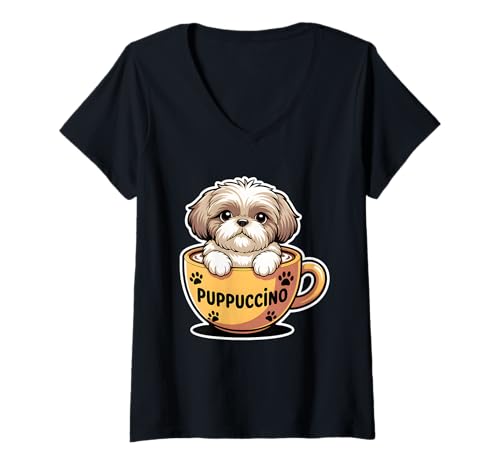 Damen Shih Tzu Hundeliebhaber Kaffee Cappuccino Wortspiel Lustiger Puppuccino T-Shirt mit V-Ausschnitt Damen Shih Tzu Hundeliebhaber Kaffee Cappuccino Wortspiel Lustiger Puppuccino T-Shirt mit V-Ausschnitt von Shih Tzu Gifts For Dog Lovers