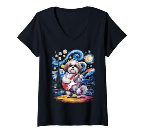 Damen Sternennacht Shih Tzu T-Shirt mit V-Ausschnitt Damen Sternennacht Shih Tzu T-Shirt mit V-Ausschnitt von Shih Tzu Guitar