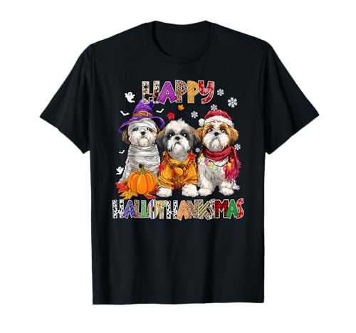 Shih Tzu Dogs Christmas Happy Hallothankmas Xmas Herren Damen T-Shirt von Shih Tzu Happy Hallothankmas Christmas Dog