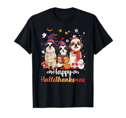Herren Damen Shih Tzu Hund Weihnachten Halloween Thanksgiving T-Shirt von Shih Tzu Happy Hallothankmas Holiday Dog
