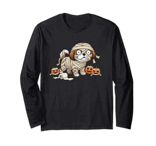 Lustiger Shih Tzu Mummy Kürbis Halloween Kinder Herren Damen Langarmshirt von Shih Tzu Lovers Cute Halloween Outfits Boy Girl