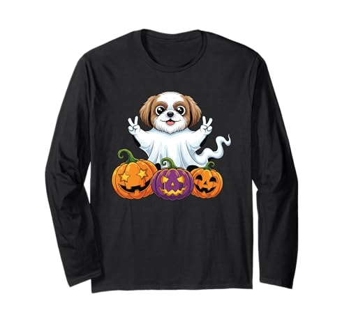 Lustiger Shih Tzu Geist Kürbis Boo Halloween Kinder Herren Damen Langarmshirt von Shih Tzu Lovers Halloween Ghost Pumpkin Outfits