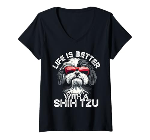 Damen Das Leben ist besser mit einem Shih Tzu Hundeliebhaber T-Shirt mit V-Ausschnitt Damen Das Leben ist besser mit einem Shih Tzu Hundeliebhaber T-Shirt mit V-Ausschnitt von Shih Tzu Mom Dad Designs For Dog Lover
