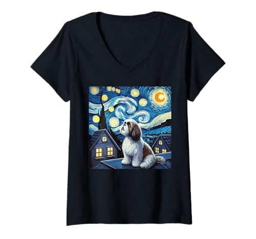 Damen Shih Tzu Sternenhimmel T-Shirt mit V-Ausschnitt von Shih Tzu Starry Night Sky Lover Art