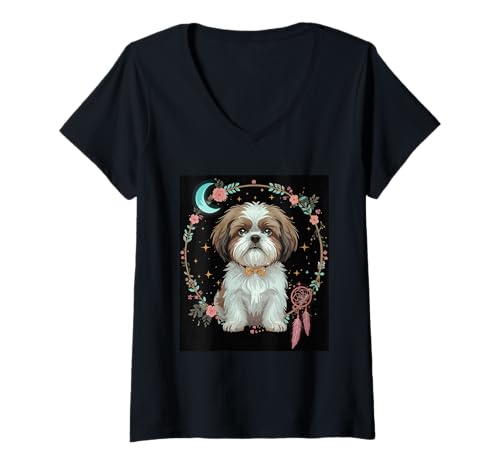 Damen Magical Shih Tzu Night Dreams Fellwelpe T-Shirt mit V-Ausschnitt von Shih Tzu Whimsical Night