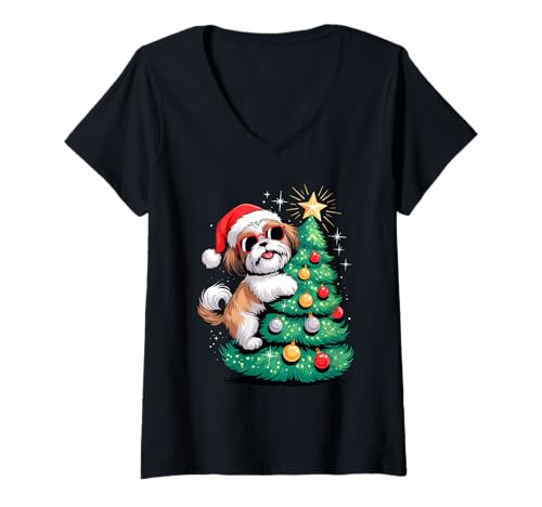 Damen Christmas Tree Shih Tzu Sunglasses Shih Tzus T-Shirt mit V-Ausschnitt von Shih Tzus Shih Tzu Dog Gifts