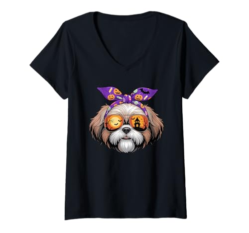 Damen Halloween Bandana Shih Tzu Shih Tzus T-Shirt mit V-Ausschnitt Damen Halloween Bandana Shih Tzu Shih Tzus T-Shirt mit V-Ausschnitt von Shih Tzus Shih Tzu Dog Gifts