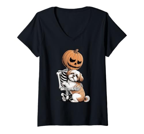 Damen Halloween Skeleton Shih Tzu Shih Tzus T-Shirt mit V-Ausschnitt von Shih Tzus Shih Tzu Dog Gifts