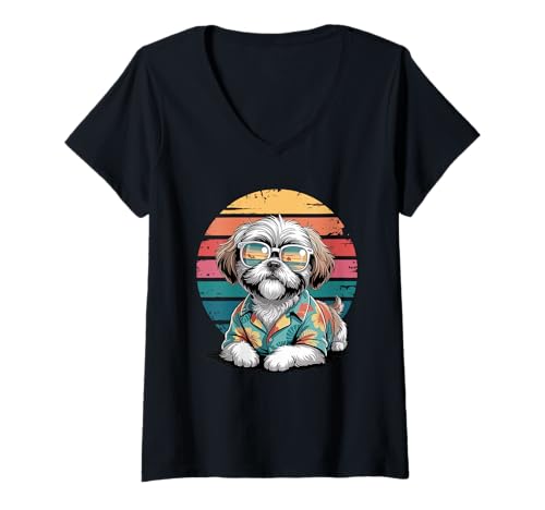 Damen Shih Tzu Sonnenbrille Hawaii Strand Sommer T-Shirt mit V-Ausschnitt Damen Shih Tzu Sonnenbrille Hawaii Strand Sommer T-Shirt mit V-Ausschnitt von Shih Tzus Shih Tzu Dog Gifts