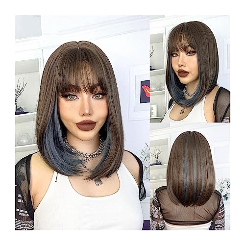 Perücken Braune Ombre-blaue kurze Bob-Haar-Perücke mit Pony, synthetische Perücken for Frauen, Lolita, Cosplay, tägliche natürliche hitzebeständige Faserhaare für Tägliche Party Verwendung von Shihan-2015